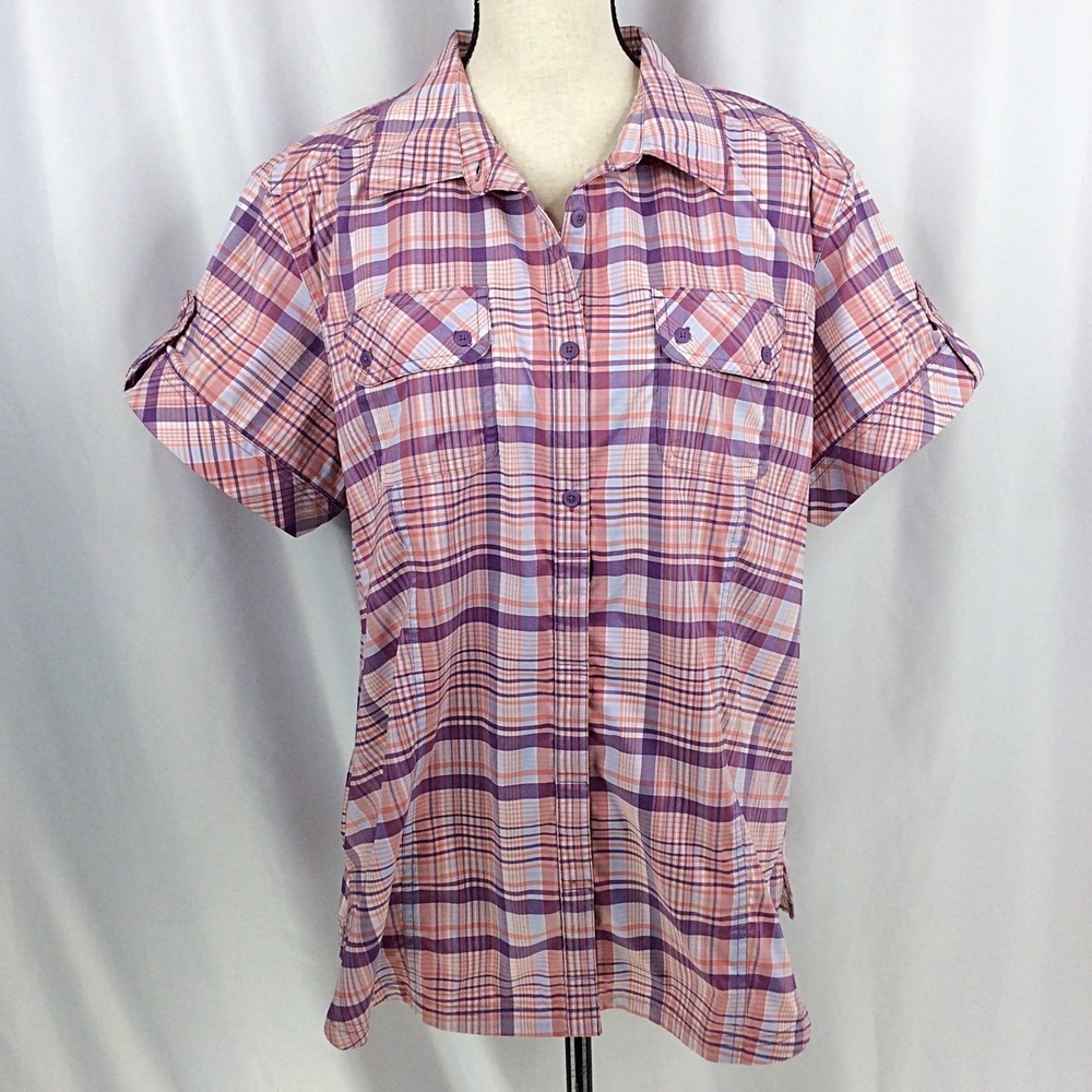 Eddie Bauer Plaid Vented Top Women's Size XXL Pink Purple Short Sleeve Button Up